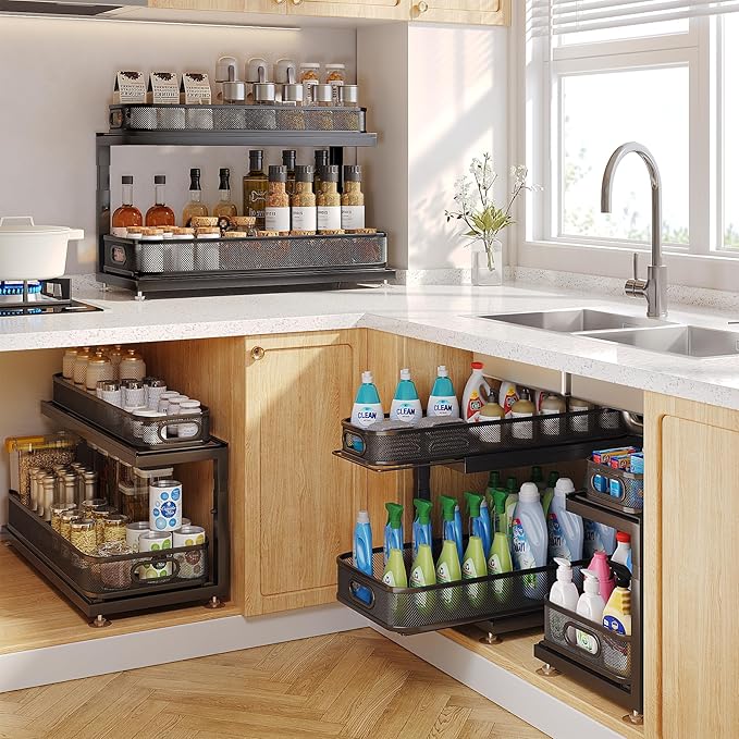 Biboraya 2-Pack 21.3 IN Depth Under Sink Organizer With Next-Gen Ball-Bearing Slides,Sophisticated Mesh 2-Tier Pull Out Shelf for Kitchen & Bathroom,Fits Small Items-Black