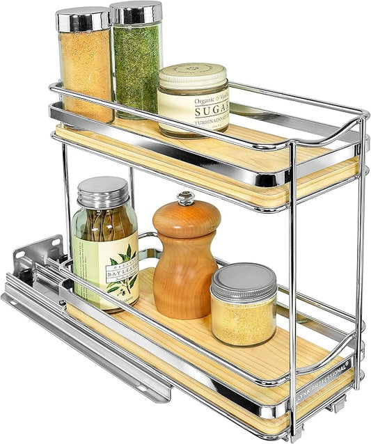 LYNK PROFESSIONAL® Élite™ Pull Out Spice Rack Organizer for Inside Kitchen Cabinets - 4-3/8 inch Wide - Slide Out Drawer – Wood/Chrome Sliding Spice Organization for cabinet - Spice Racks - 2 Tier