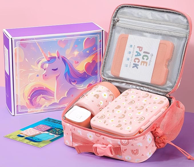 Fimibuke Bento Lunch Box for Kids with Food Jar, 32OZ Snack Lunch Container with 3 Compartments, Insulated Lunch Bag, 12OZ Leakproof Food Jar, Ice Pack Set for Age 3-12 Toddler Teen Girls Boys Daycare