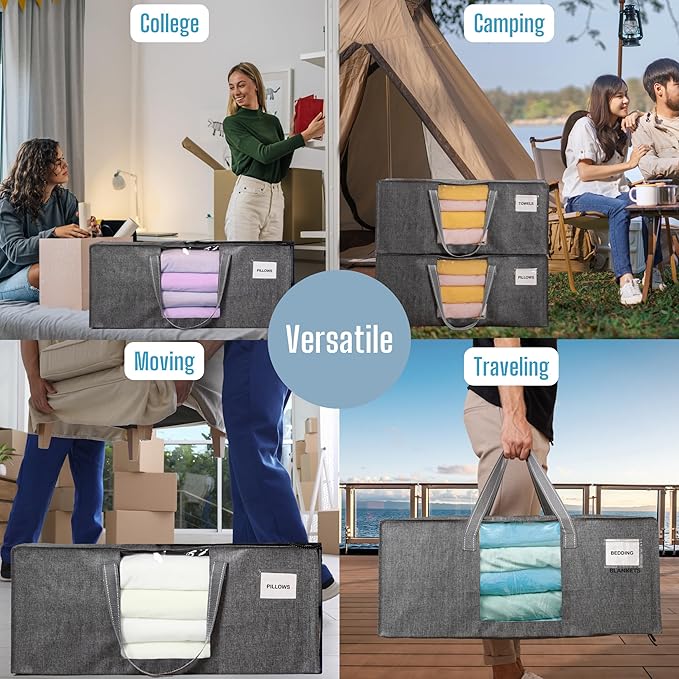 VENO 10 Pack Heavy Duty Moving Bags, Christmas Storage Bins with Lids, Transparent Window Design, Alternative to Moving Boxes, Storage Bags for Clothes, Blankets, Comforters, Pillows (Gray, 10 Pack)