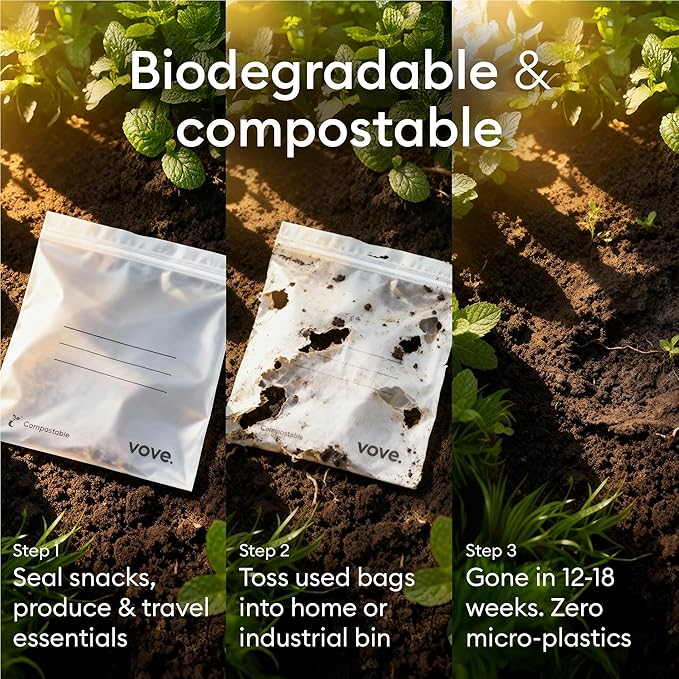 Vove Compostable Sandwich Bags 30 Ct – PFAS-Free, BPI Certified, Freezer Safe with Airtight Seal for School Lunches & Meal Prep, Plant-Based