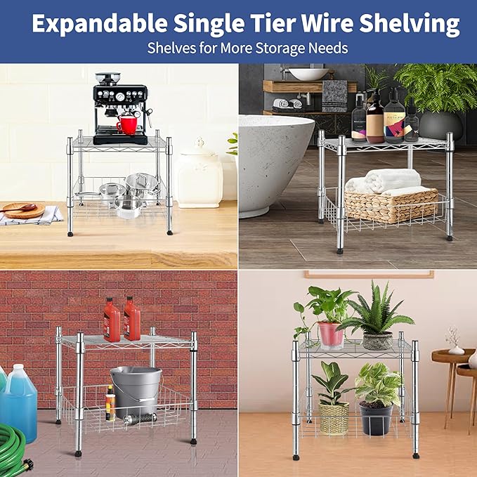 YSSOA 2-Tier Shelving Unit, 15" W x 13.8" D x 15" H Wire Metal Stackable Storage with Basket, Chrome, 2 Pack