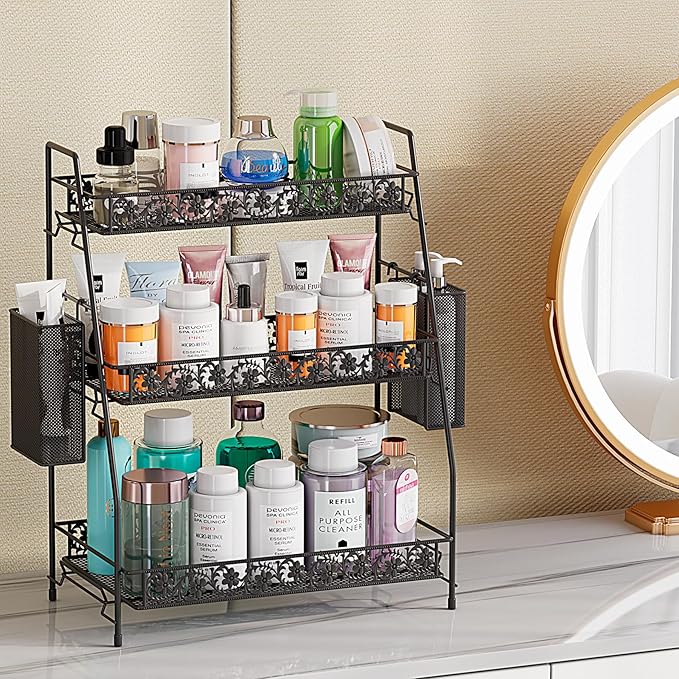 IBEDMAZIE 3-Tier Large Size Storage Rack,Counter Organiztion for Bathroom Countertop Organizer Shelf for Spice Racks for Kitchen/Sink/Bedroom/Living room/Office/Plant Rack with Two Metal Baskets