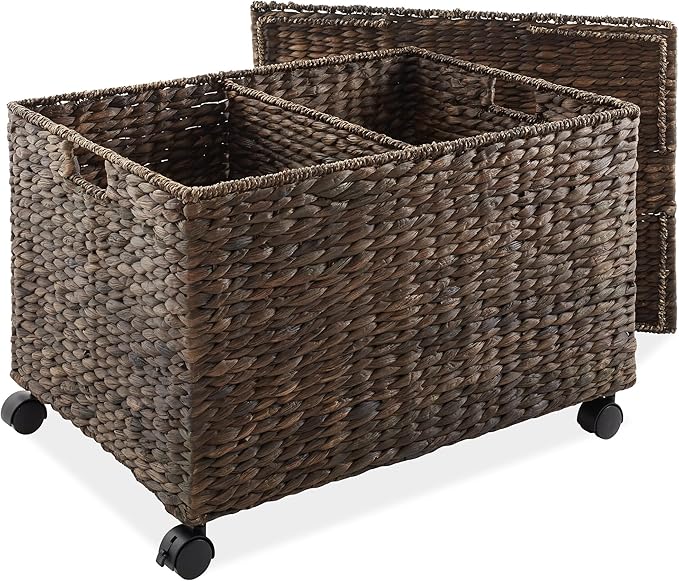 Casafield Rolling Storage Basket Cart with Lid and Locking Wheels, Espresso - Handwoven Water Hyacinth Divided Recycling Sorting Bin for Kitchen, Laundry Room, Garage
