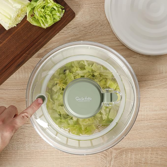 Sur La Table Kitchen Essential 6.3 Qt Salad Spinner, Fruit Wahser, Fruit Washing Bowl with Strainer, Vegertable Cleaner, Salad Cleaner, Lettuce Washer - Juniper Green