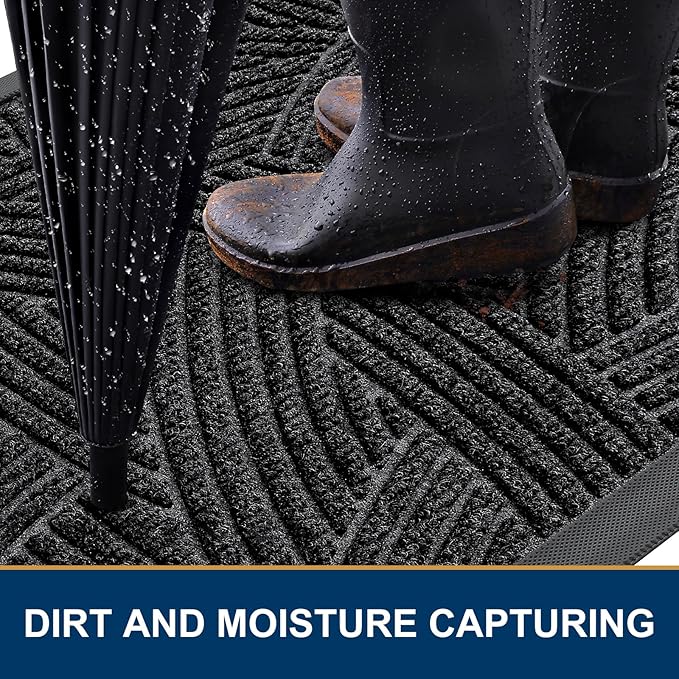 Smiry Front Door Mat Outside Entrance, Heavy Duty Sturdy Natural Rubber Doormat, Trap Dirt and Moisture, Easy Clean Low Profile Mats for Indoor Outdoor Entry, Interwoven Stripes 35x23, Black