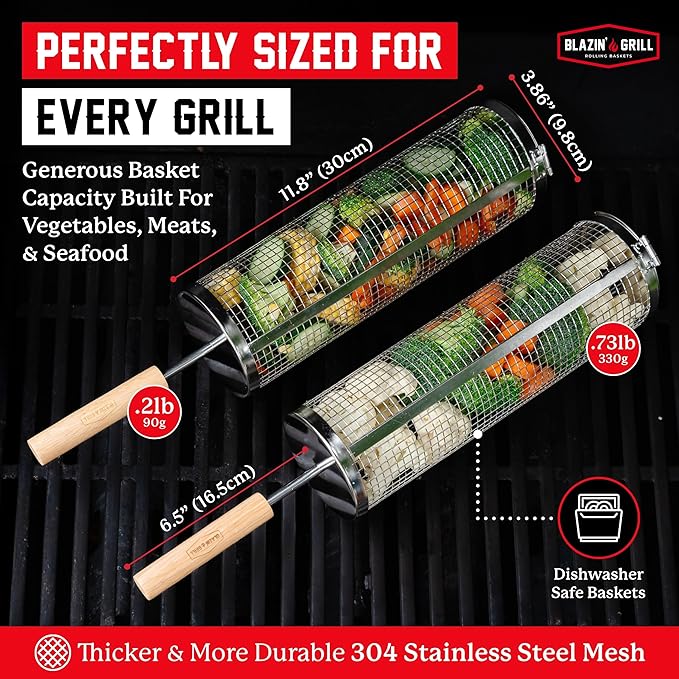 Blazin' Grill Rolling Grill Basket | Rolling Grilling Baskets for Outdoor Grilling 2 Pcs | Barbecue Grill Set with BBQ Gloves | Portable Camping Net Rack Perfect for Vegetables, Seafood & Meat