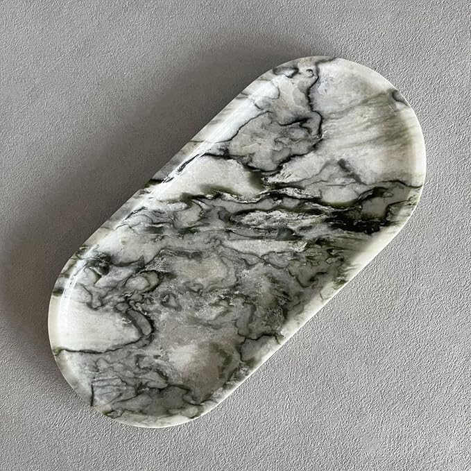 SAIDKOCC Natural Marble Oval Tray Ornaments Vintage Small Tray Storage Dish for Counter, Vanity, Dresser, Nightstand and Desk (Green Emerald)