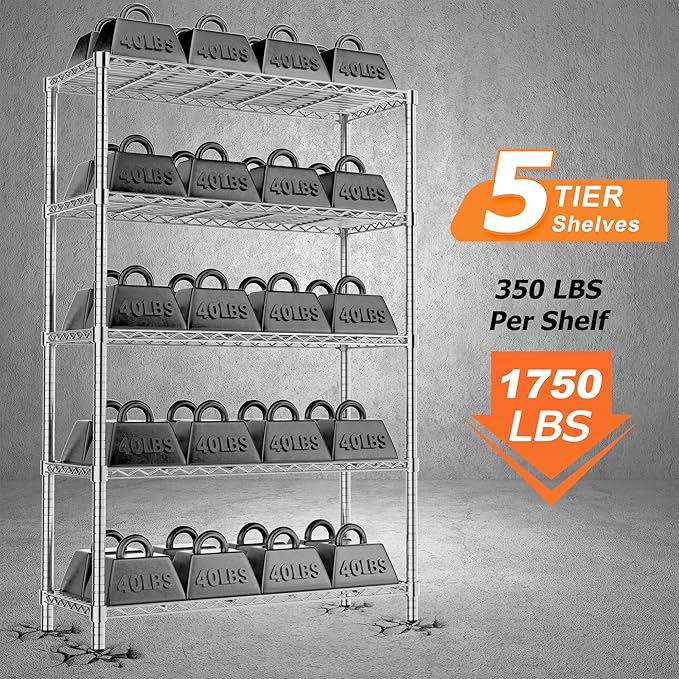 Storage Shelves Heavy Duty, 3 PCS 36" L x 14" W x 72" H Garage Wire Shelving Unit Loads 1750LBS, 5-Tier Adjustable Metal Industrial Utility Shelf Rack for Kitchen, Laundry Room, Warehouse, Basement