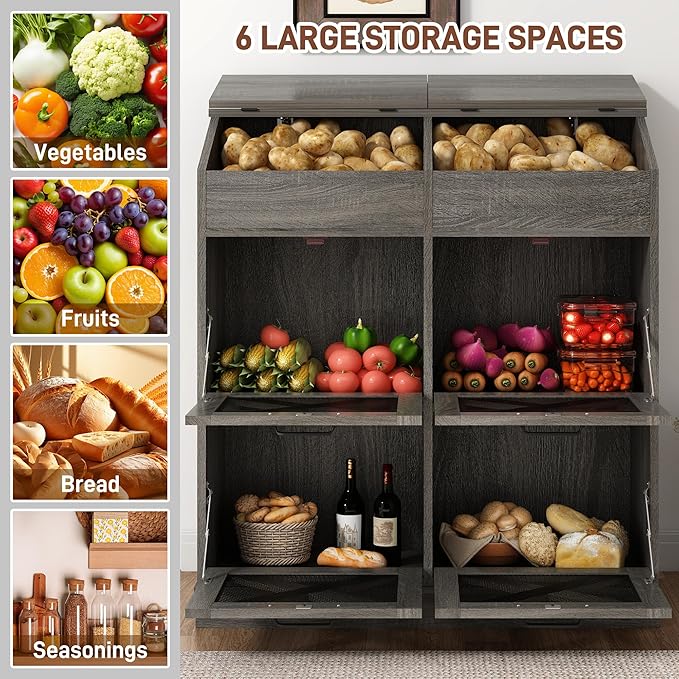 Large Wood Bread Box for Potato,Onion.Veggie Bin W/6 Large Storage Box.Root Vegetable Storage Box For Kitchen,Farmhouse Potato Storage Bin W/4 Mesh Doors,Bread Keeper for Toast,Bagel,Donut,Cookies