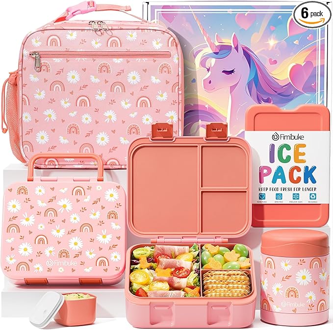 Fimibuke Bento Lunch Box for Kids with Food Jar, 32OZ Snack Lunch Container with 3 Compartments, Insulated Lunch Bag, 12OZ Leakproof Food Jar, Ice Pack Set for Age 3-12 Toddler Teen Girls Boys Daycare