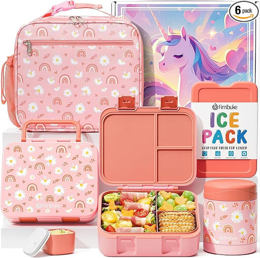 Fimibuke Bento Lunch Box for Kids with Food Jar, 32OZ Snack Lunch Container with 3 Compartments, Insulated Lunch Bag, 12OZ Leakproof Food Jar, Ice Pack Set for Age 3-12 Toddler Teen Girls Boys Daycare