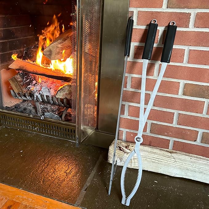 28" Firewood Tongs Set, Stainless Steel Fire Poker and Fireplace Tongs Log Grabber Set for fire pit outdoor Bonfire Wood Stove Fire Pit Use, Portable Rustproof Safely Campfire Tongs