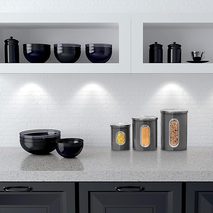 Moss & Stone 3-Piece Gray Canisters Sets For The Kitchen, Airtight Canister Set With See Through Window, Storage Jars for Coffee Container, Tea Organizer & Sugar Canister, Gray Kitchen Canisters