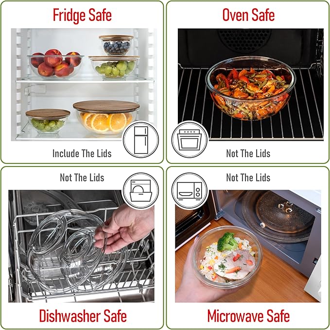 dokaworld Set of 5 Nesting Glass Bowls with New Updated Acacia Lids for Foodprep, Storage, Mixing & Cooking - Microwave & Oven-ready BPA Free Durable Heat Resistant Inert Borosilicate Glass
