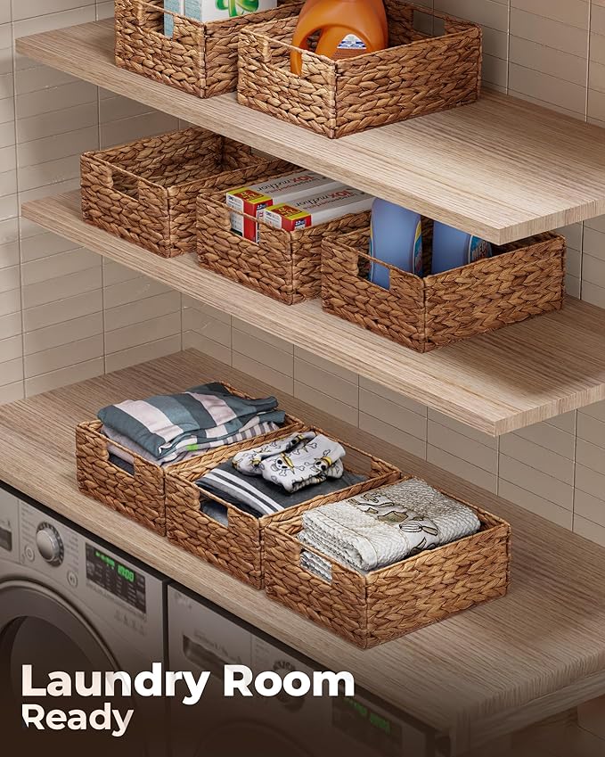 BLUEWEST Wicker Storage Baskets Pack 6, Woven Baskets for Storage, Laundry Water Hyacinth Basket for Organizing with Carrying Handles, Rattan Baskets (Brown, Rectangular)