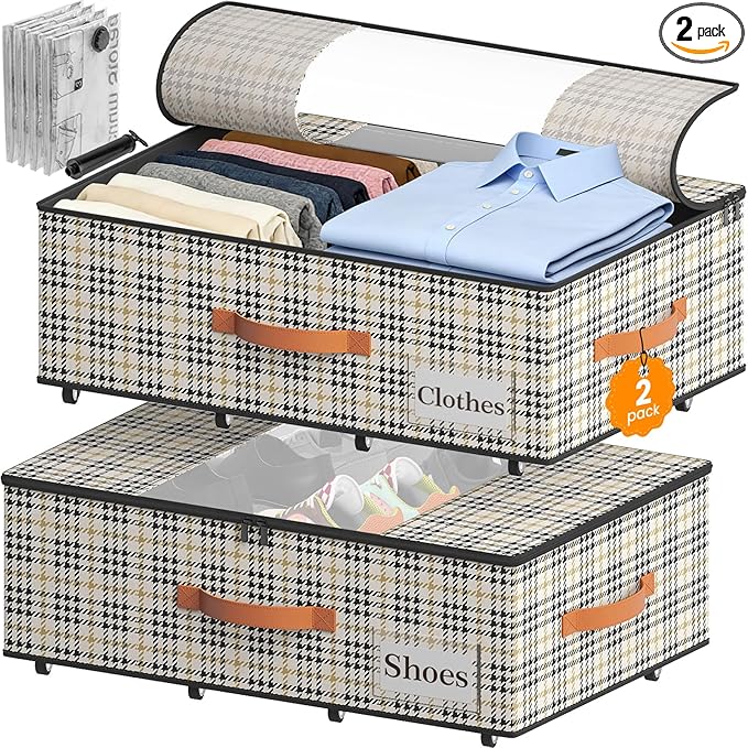 TOSKING Under Bed Storage with Wheels (2 Pack) with 4 Vacuum Bags, 7.9" Height Rolling Underbed Storage Containers, 900D Oxford Heavy Duty Drawer, 80lbs Load Organizer for Clothes, Shoes, Houndstooth