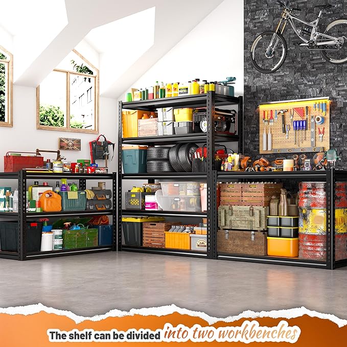 REIBII 5 Tier Storage Shelves, 2500LBS Adjustable Garage Shelving Unit, Metal Shelves for Pantry, Garage, Kitchen, Warehouse, Black, 65.74" H x 33.85" W x 15.35" D