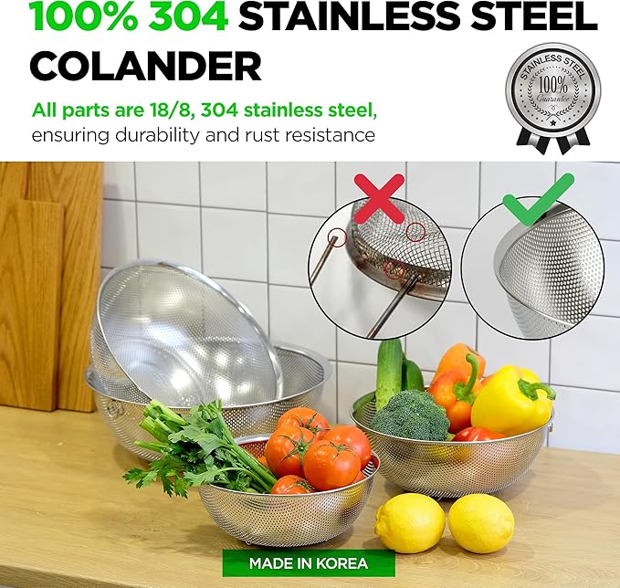 COMPORT K Premium 18/8 304 Stainless Steel Micro-Perforated Small and Big Colander Set of 4 with rings - 3.5-5.5-7.5-9.5 Quart Set, Self-Draining Solid Base for Pasta, Fruits, Vegetables