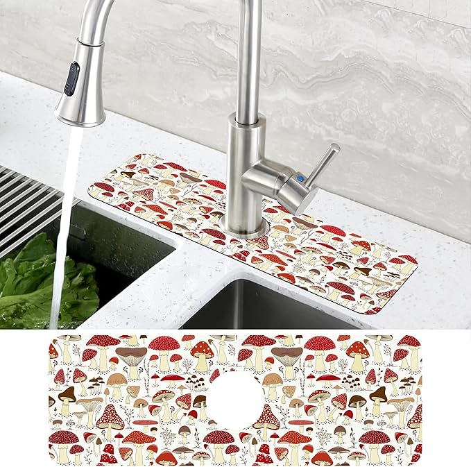 Cartoon Mushrooms Dish Drying Mat for Kitchen Sink Splash Guard Behind Faucet Sink Mat Absorbent Fast Drying Faucet Draining Mat for Bathroom Kitchen 5.5"×15"