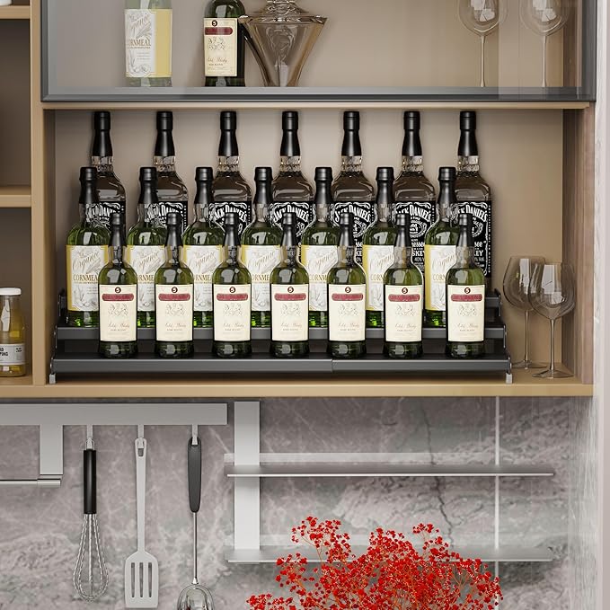 Wobmmi Expandable Spice Rack Storge organizer with 3-Tier step shelf for cabinet,seasoning racks organizion.Great for Kitchen countertop shelves,Pantry and more(2packs/Black)