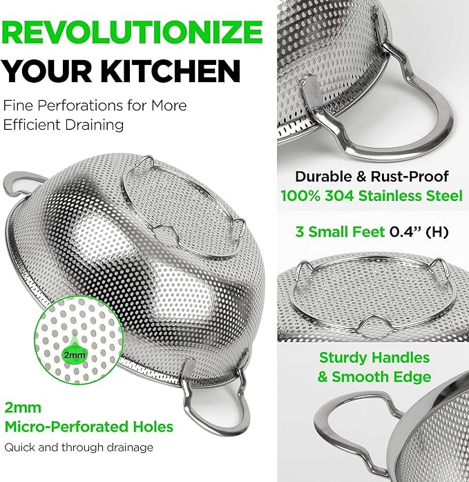 COMPORT K Premium 18/8 304 Stainless Steel Strainer Set of 3 with Handles, Micro-Perforated Colanders, 4-6-8 Quart Set, Self-Draining Solid Base for Pasta, Fruits, Vegetables, Made in Korea