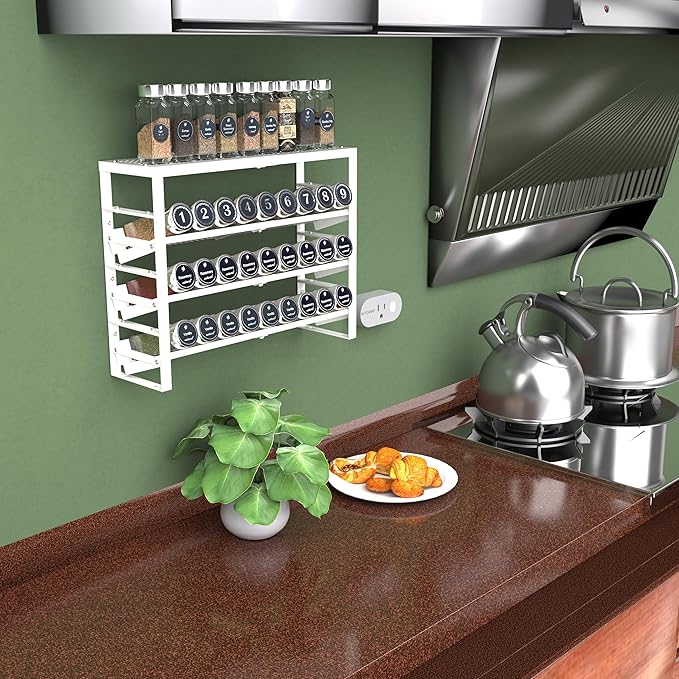 Expandable, Stackable, Adjustable Spice Rack kitchen Organizer,Metal Pantry Storage Shelves - Multi-Tier Shelf for Cabinet, Countertop, Pantries, Cupboard or Wall Mount,White