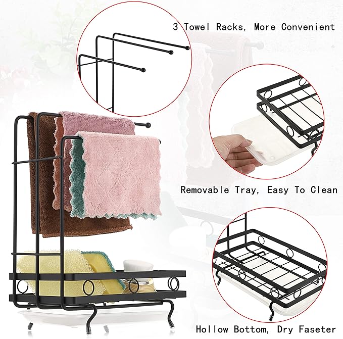 JUXYES Kitchen Sink Caddy Sponge Holder with Dishcloth Drying Rack, Kitchen Rag Stand Sponge Brush Soap Dish Dishcloth Rack Sink Storage Organizer for Kitchen Countertop (Black)