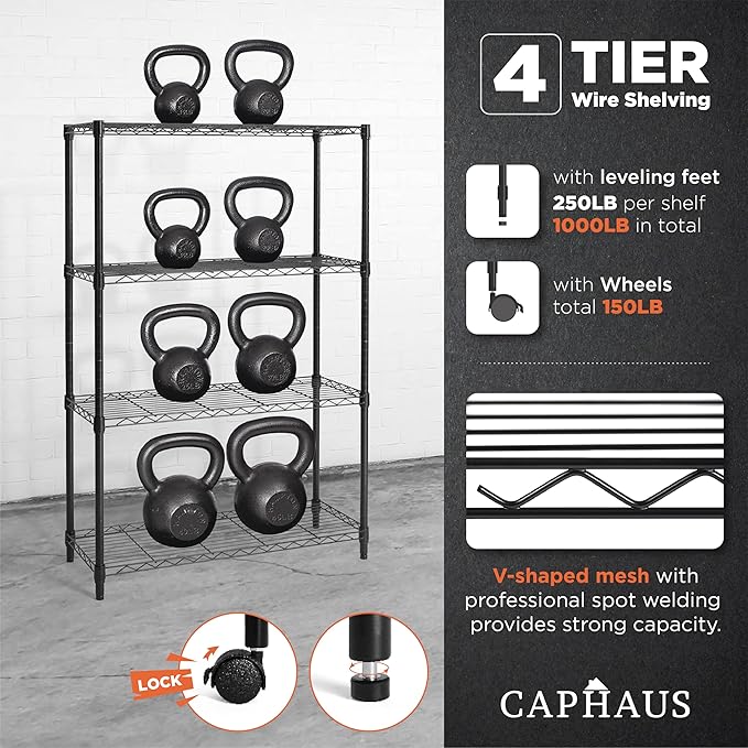 CAPHAUS NSF Black Adjustable Shelf Wire Shelving Unit w/Liner, Basement Storage Shelving, Metal Steel Storage Shelves, Garage Shelving Storage Organizer, Utility Shelf, 4-Tier W/Wheels