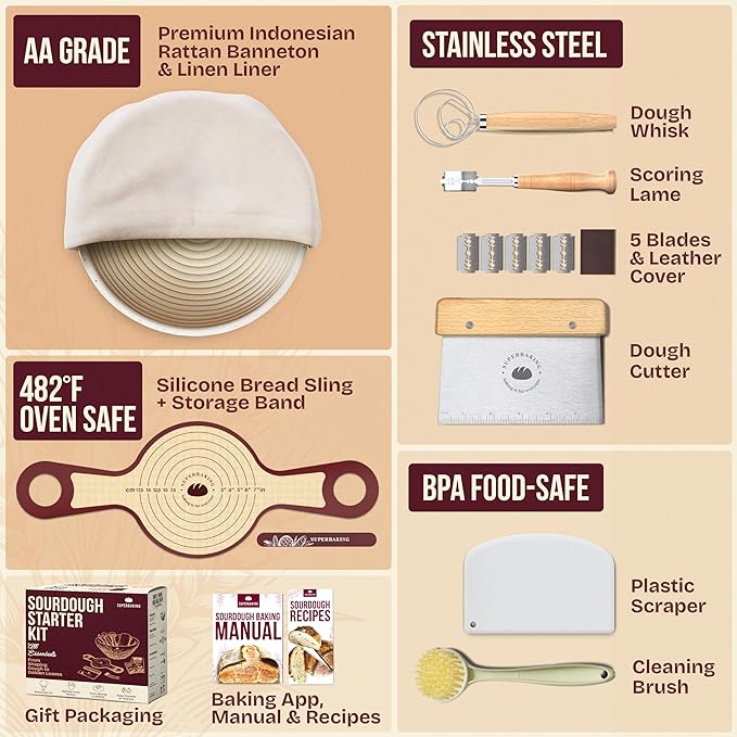 Superbaking Banneton Bread Proofing Basket Set with Silicone Dough Sling, 9" Splinter-Free Proofing Basket, Non-Stick Dutch Oven Liner, Sourdough Starter Kit, Sourdough Bread Baking Supplies & Tools
