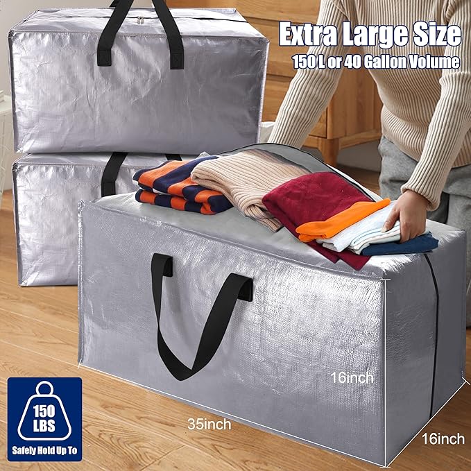 Cosy Family 8 Pack Heavy Duty Extra Large Moving Bags with Backpack Straps - Strong Handles & Zippers, Storage Totes For Space Saving, Fold Flat, Alternative to Moving Box (40 gal, Silver)