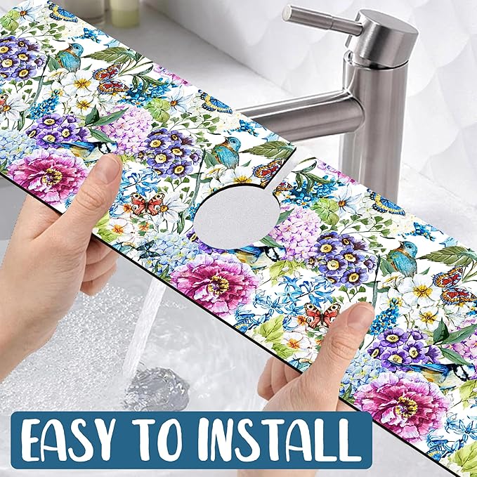 Beautiful Floral Sink Splash Guard Flower Bird Butterfly Faucet Absorbing Mat Fast Drying Mat Sink Gadgets Splash Guard Behind Faucet Drip Catcher for Kitchen Bathroom, 23.5"x5.5"