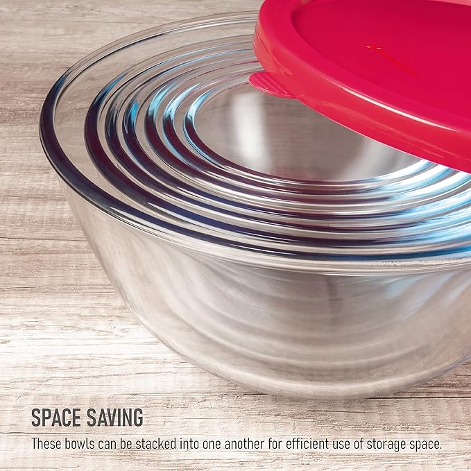dokaworld 7 Stackable Space-Saving Nesting Glass Bowls with Pink Lids for Foodprep, Storage, Baking, Mixing & Cooking, Microwave Safe - Durable Inert Borosilicate Glass