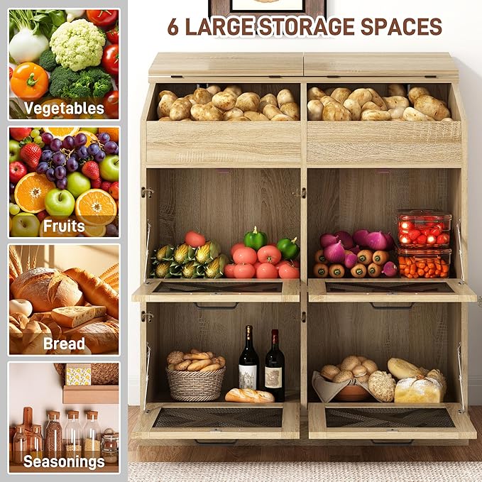Large Wood Bread Box for Potato,Onion.Veggie Bin W/6 Large Storage Box.Root Vegetable Storage Box For Kitchen,Farmhouse Potato Storage Bin W/4 Mesh Doors,Bread Keeper for Toast,Bagel,Donut,Cookies