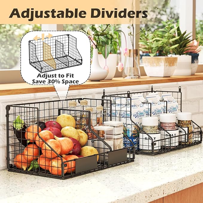 2 Tier Pantry Organizers and Storage Shelf, Stackable Can Organizer for Canned Food and Goods, Metal Wire Rack with 4 Adjustable Dividers Holds 60+ Cans for Under Cabinet Countertop