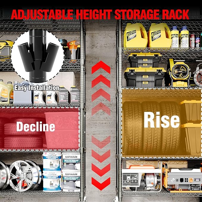 82" H Storage Shelves with Wheels, 5-Tier Metal Shelving Unit Load 3300LBS Capacity, Adjustable Wire Shelf Rack w/Feets, Heavy Duty Storage Shelving for Garage Pantry Rooms, 59" W X 24" D