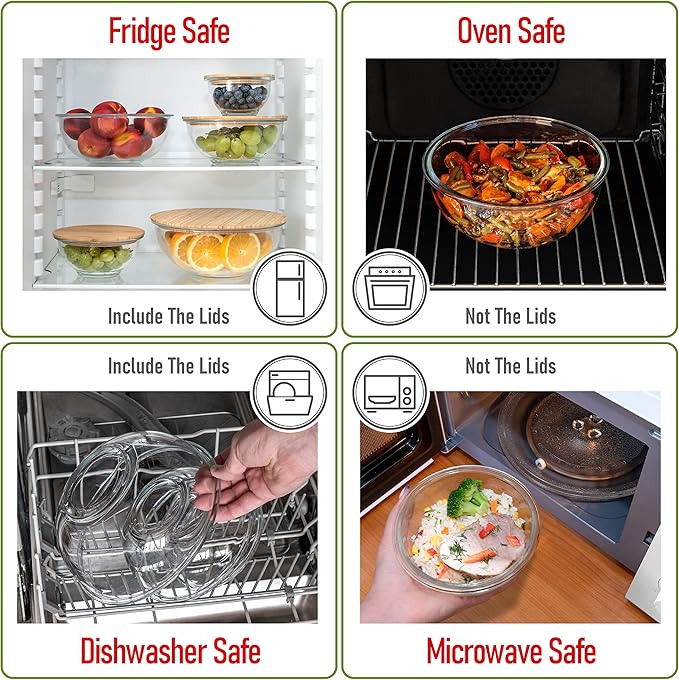 dokaworld Stackable Space-Saving Set of 5 Nesting Glass Bowls with Bamboo Lids for Foodprep, Storage, Baking, Mixing & Cooking, Microwave & Oven Safe BPA Free Heat Resistant Inert Borosilicate Glass
