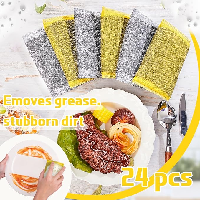 Thyle 24 Pack Steel Scrub Sponges for Dishes Non Scratch Scouring Sponge Multi Use Metal Scrubber Heavy Duty Dish Wash Kitchen Sponge for Pot Dish Washing Hard Surface Cleaning Tools (Gray,Yellow)
