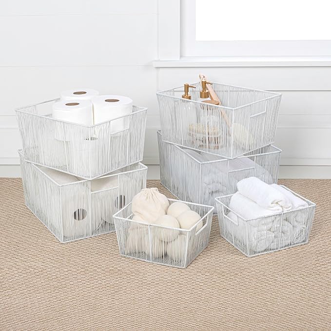 happimess BSK3000B-6SET Sutton Modern Glam Nesting Wire Metal Storage Baskets for Shelves, Cabinets, Pantry, Countertop, Mesh Open Bin Basket for Organizing Supplies, White (Set of 6)