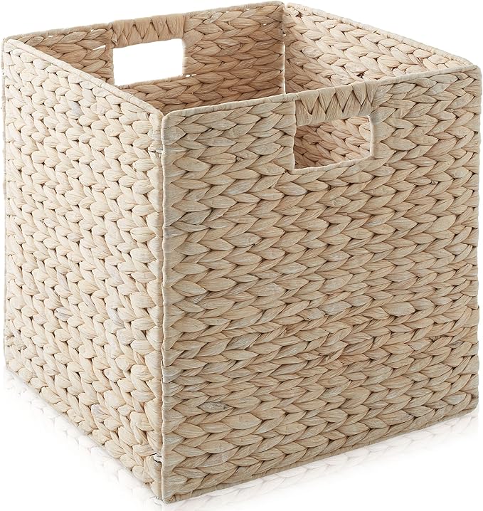 Casafield 13" x 13" Hyacinth Storage Baskets, Whitewash - Set of 4 Storage Organizers, Woven Wicker Cubes for Bathroom, Bedroom, Laundry, Shelves