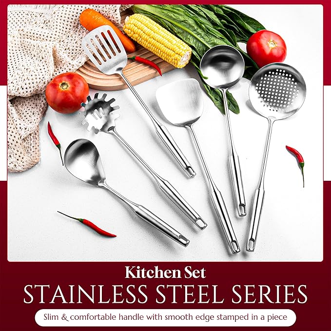 SATTUWARE 6 Pc Stainless Steel Cooking Utensils Set with Ergonomic Handles – Heat Resistant Kitchen Tools Includes Slotted Spatula, Skimmer Ladle, Spatula, Serving Spoon, Pasta Spoon Ideal for Cooking