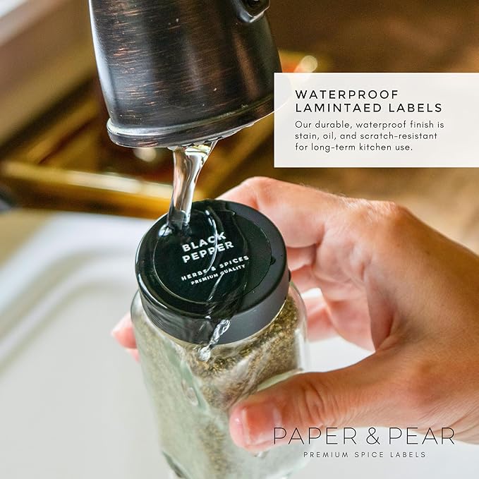 Modern Style Round Black Spice Labels Stickers Preprinted Waterproof by Paper & Pear - Oil Resistant Kitchen Pantry Labels for Home Improvement - 1.35 Inches Pantry Stickers - Set of 80 (No Jars)