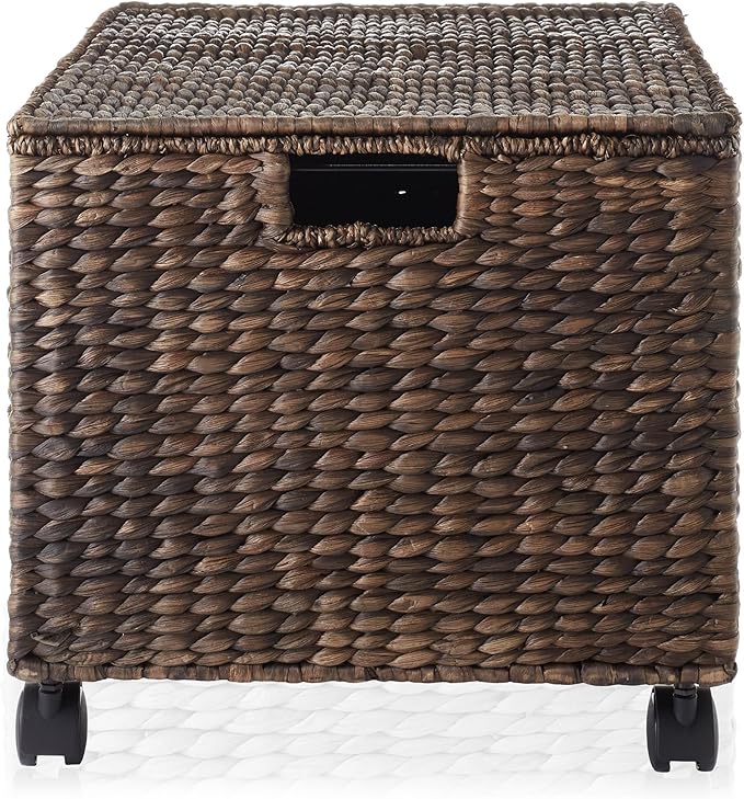 Casafield Rolling Filing Cabinet, Espresso Dark Brown - Water Hyacinth File Organizer with Lid and Wheels, Home Office Storage for Hanging Folders