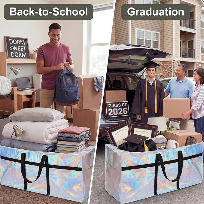4 Pcs 66 Gallon Extra Large Moving Bags Heavy Duty Storage Bag with Strong Zipper Handle Foldable XXL Jumbo Storage Tote Packing Moving Box for College Dorm Travel Cloth Duffle (Iridescent)