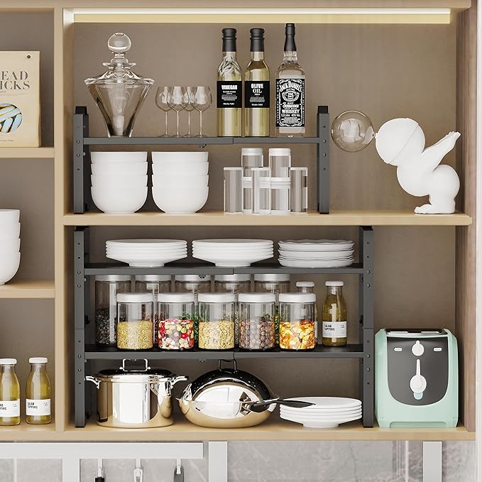 Jojocross Expandable Shelf Cabinet Organizer Adjustable Stackable Spice Rack at Kitchen and Bathroom More, Countertop Cupboard Organization Pantry Storage (1 Pack/Black, M)