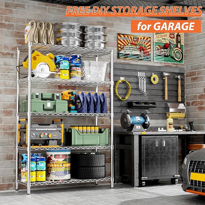 Storage Shelves Heavy Duty, 36" L x 14" W x 72" H Garage Wire Shelving Unit Loads 1750LBS, 5-Tier Adjustable Metal Industrial Utility Shelf Rack for Kitchen, Laundry Room, Pantry, Warehouse, Basement