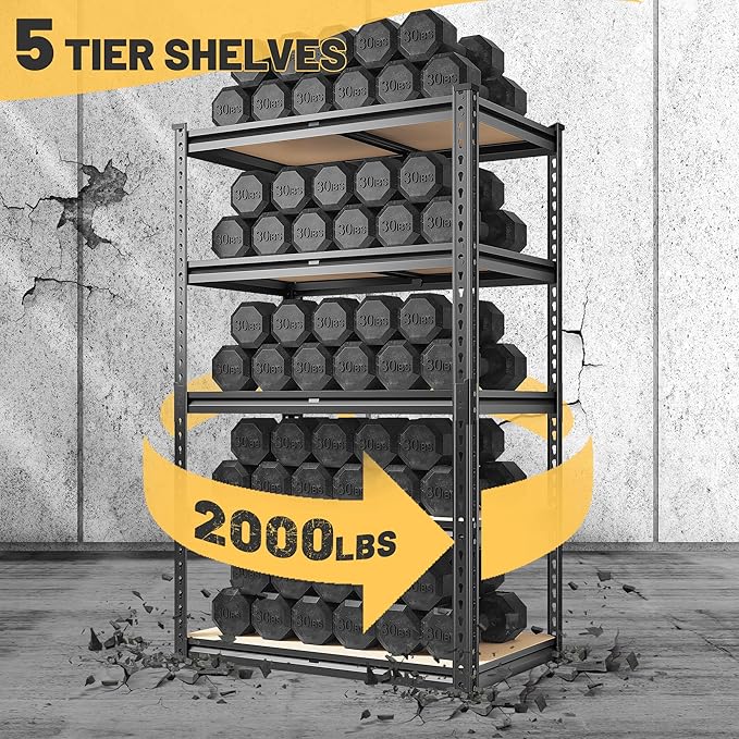 REIBII 2000LBS Storage Shelves 5 Tier Garage Shelving Heavy Duty Metal Shelving Adjustable Metal Shelf for Garage Pantry Closet Kitchen Basement 28" W x 13.8" D x 59.8" H