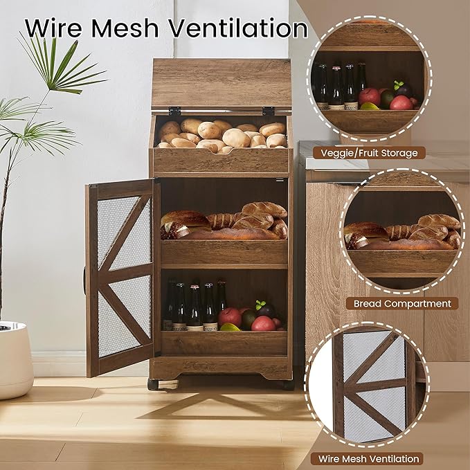 Potato Storage Bin, Large Movable Bread Box with Lid, 3 Tier Vegetable Organizer Cabinets, Decorative Fruit and Vegetable Box for Kitchen (Walnut)