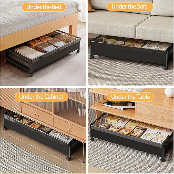 KITHELP Underbed Storage Containers with Wheels, Large Under Bed Drawers on Wheels with Removable Lids, Rolling Shoe Organizer Under Bed Storage Dresser Metal Drawers for Clothes Toys Blankets (2PACK)