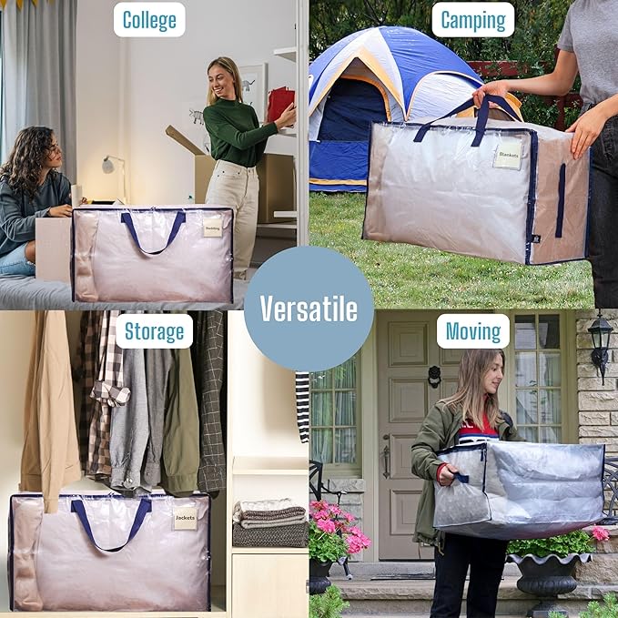 VENO 8 Pack Moving Bags and Large Christmas Decoration Storage Bins with lids. Alternative to Moving Boxes, Packing Supplies for College. Heavy Duty Totes (Clear, 8 Pack)